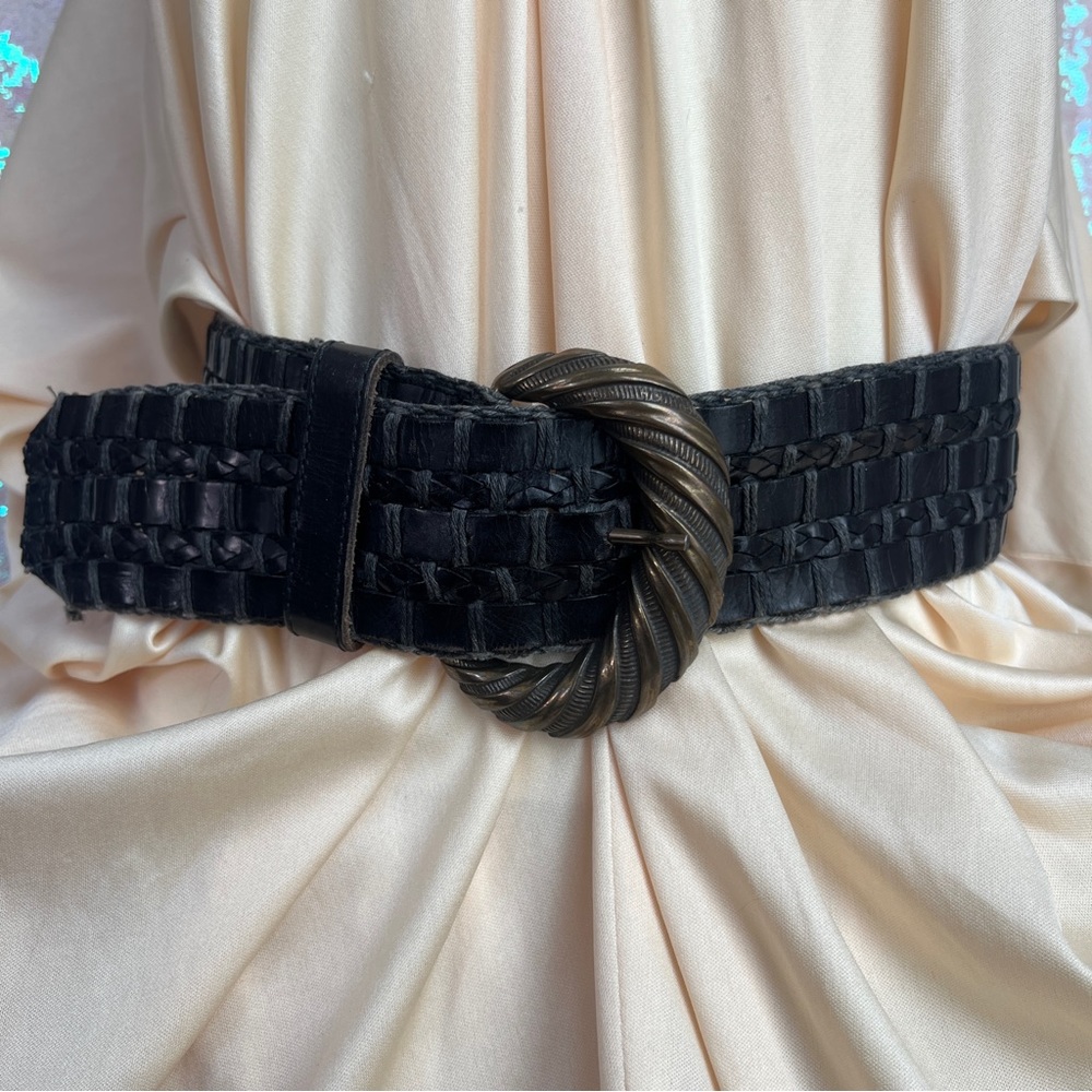 Large Gold Buckled Brown Woven Leather Belt